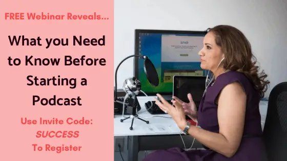 woman sitting in front of a computer recording a podcast