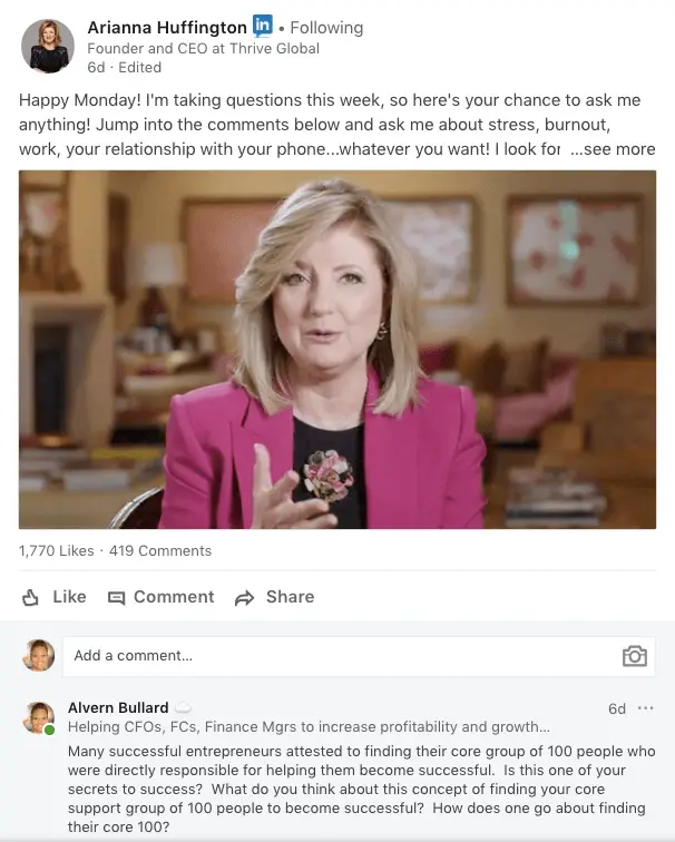 Comment on Arianna Huffington LinkedIn post