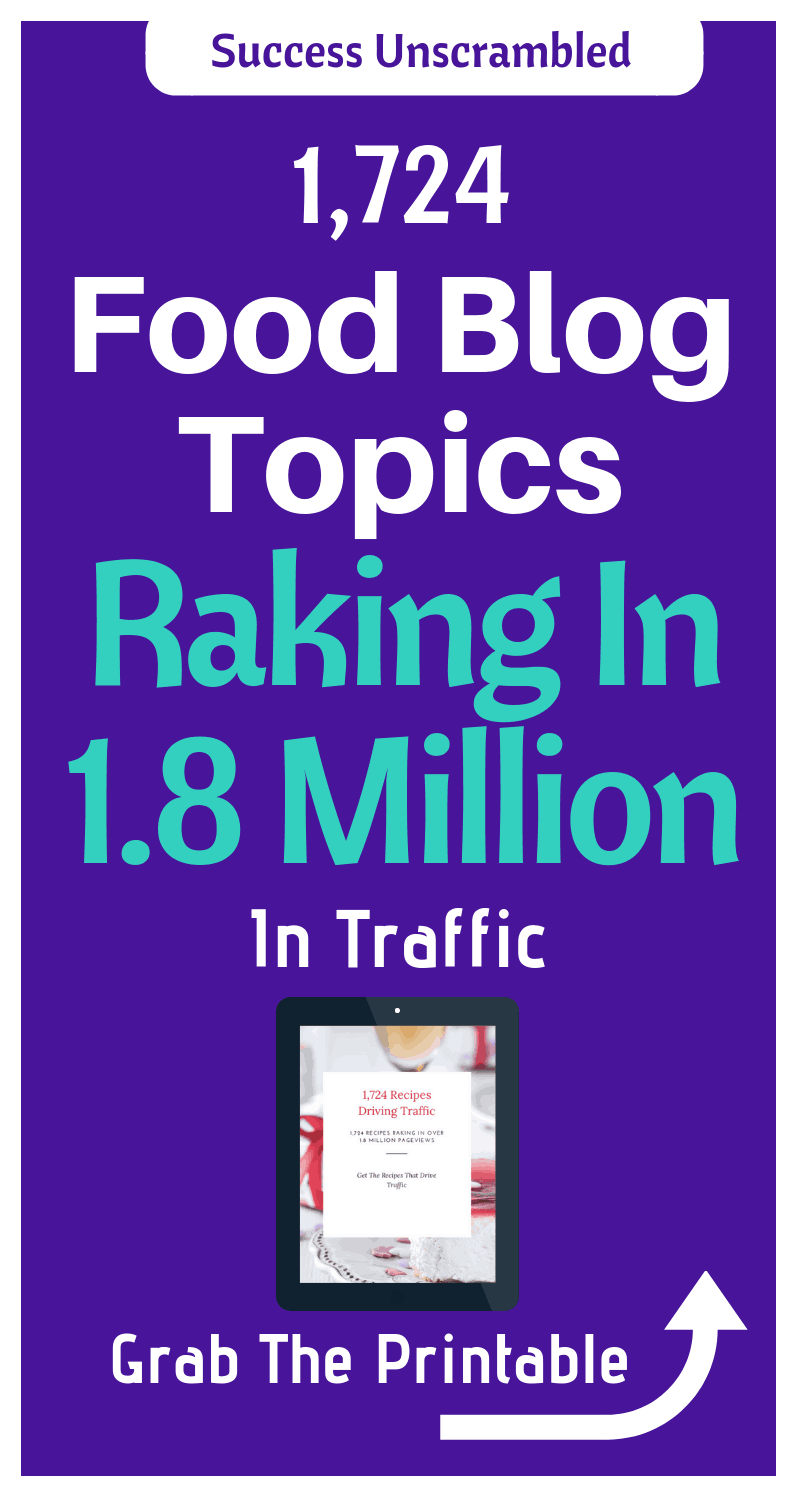 Don't pull your hair out until you read this! Are you still trying to get to 30,000 sessions a month on your food blog? Need to get the most popular food blog topics? What if I told you that I managed to uncover 1,724 food blog ideas that constantly rake in over 1.8 million in traffic every month and you can get access to this unique list. Grab this free printable and achieve your traffic goals as a food blogger in a matter of weeks. #blogtraffic #foodblog #blogger #bloggingtips #printable