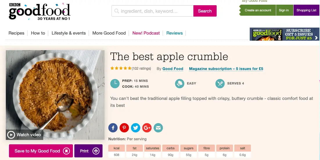 good food apple crumble recipe - 1st result