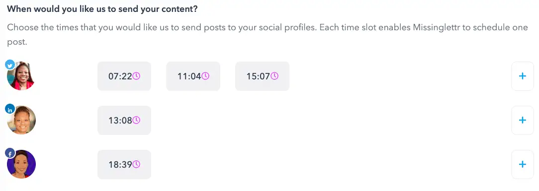 Setting up times by social profile