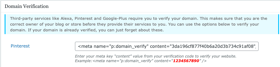 Pinterest domain verification box - All meta tags