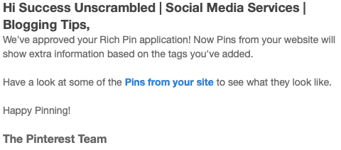 Rich pin approval email