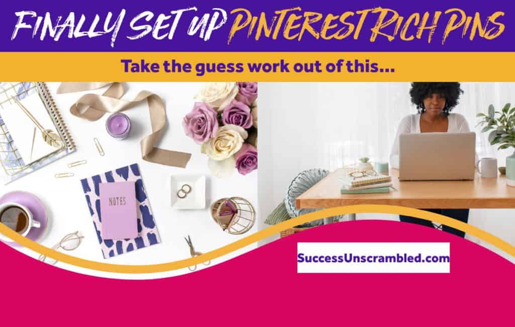 a photo of a woman working on her laptop and a photo of a pink notebook next to coffee mug and gold paper clips