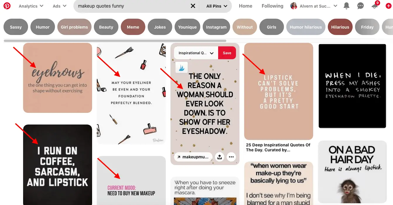 screenshot of Makeup quotes results from Pinterest