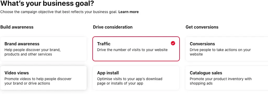 Traffic campaign objective on Pinterest