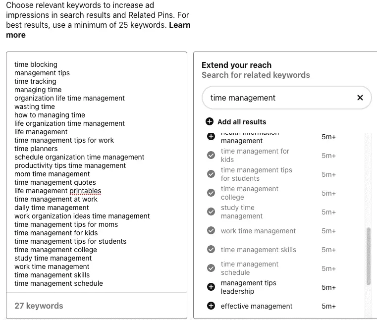 List of time management keywords on Pinterest campaign targeting area