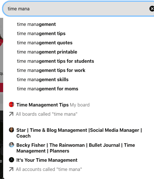 Time management keywords - Pinterest search bar