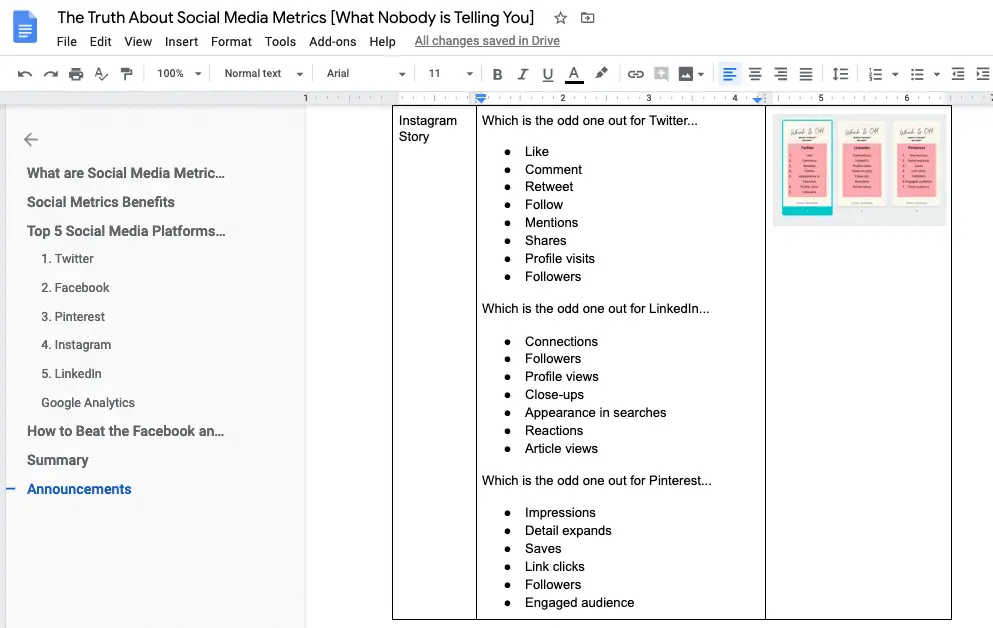 example of Instagram story in table with images