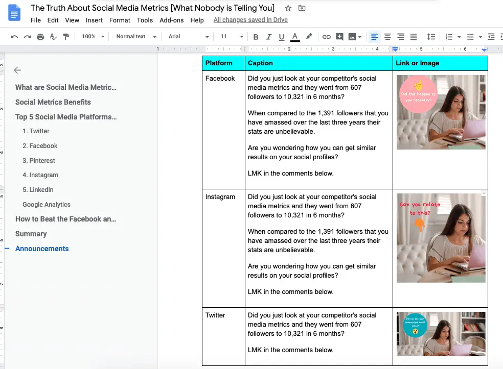 example of captions in table with images