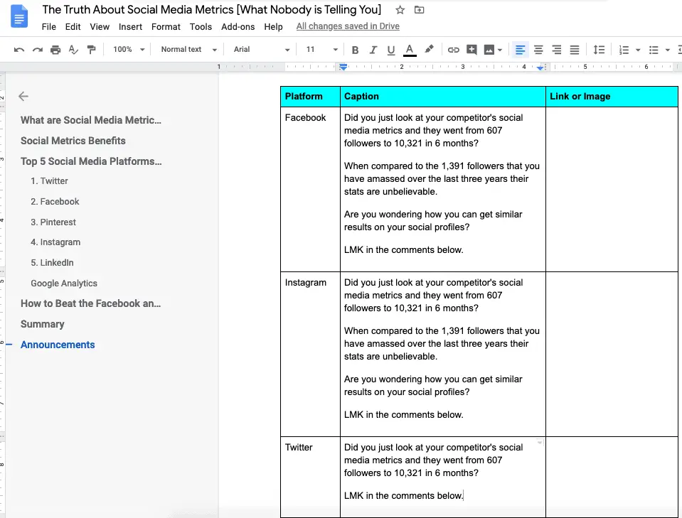 example of captions in the table