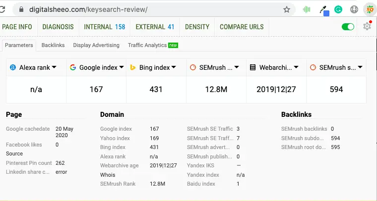 SEOQuake page inspection