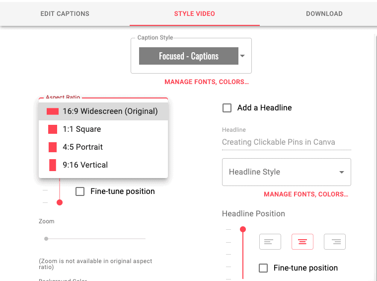 Zubtitle - video size options