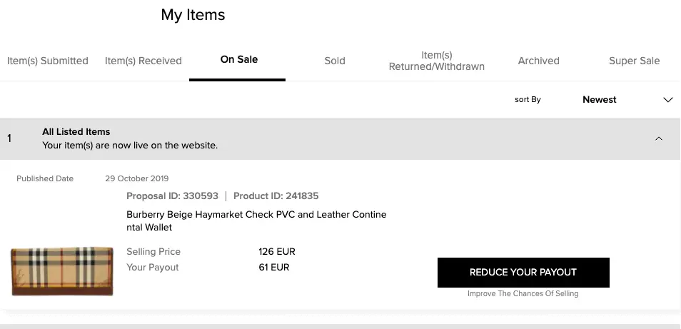 On sale items on luxury closet