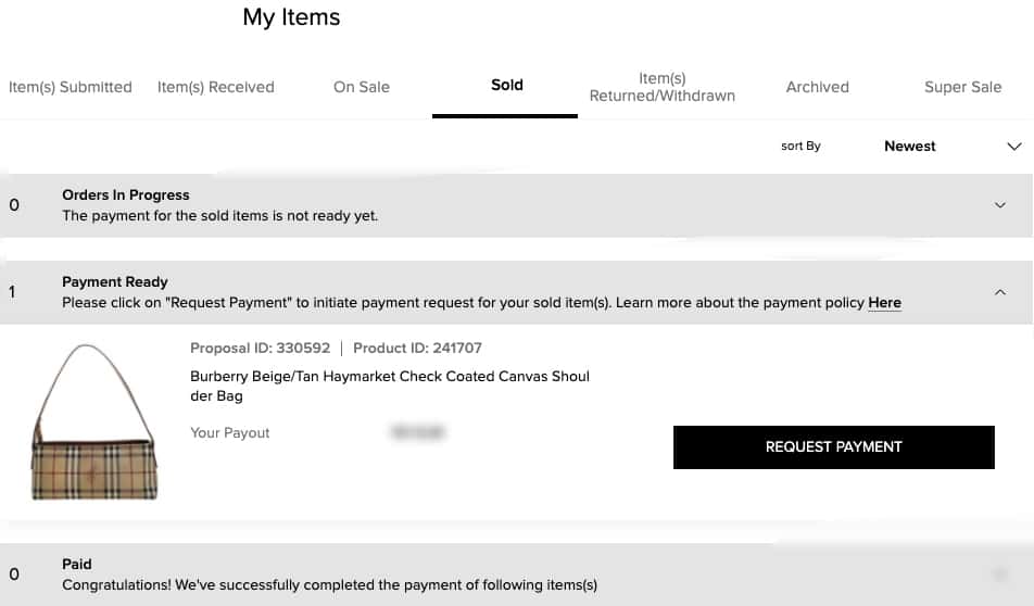 Sold items on luxury closet