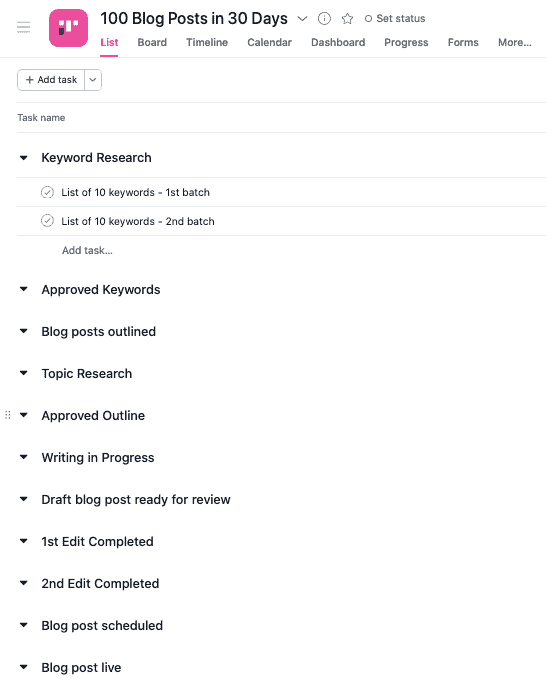 11 Tasks in list view, Asana