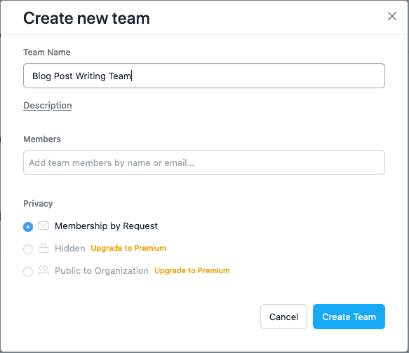 Asana Create New Team