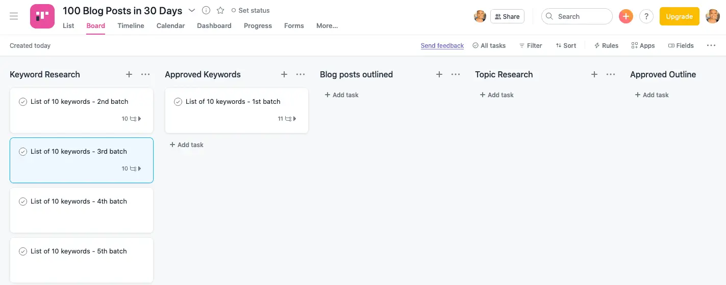 Task progression in Asana