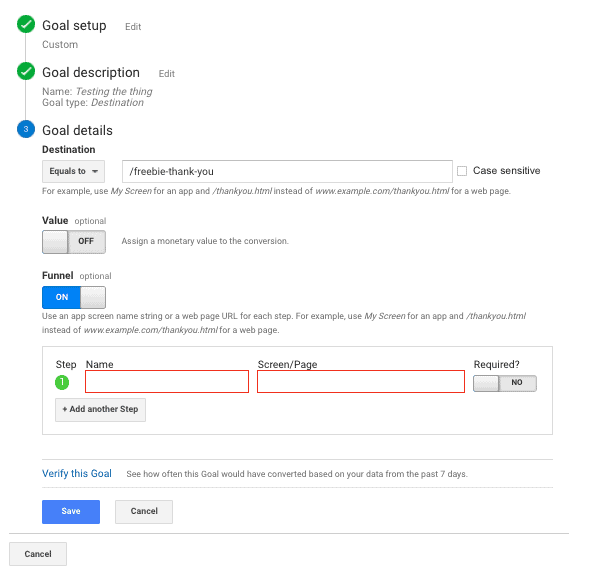 Funnel options in Goals view