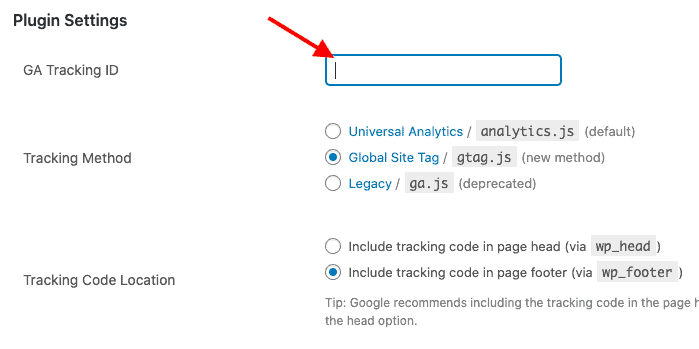 Filling Google Analytics Plugin Setting