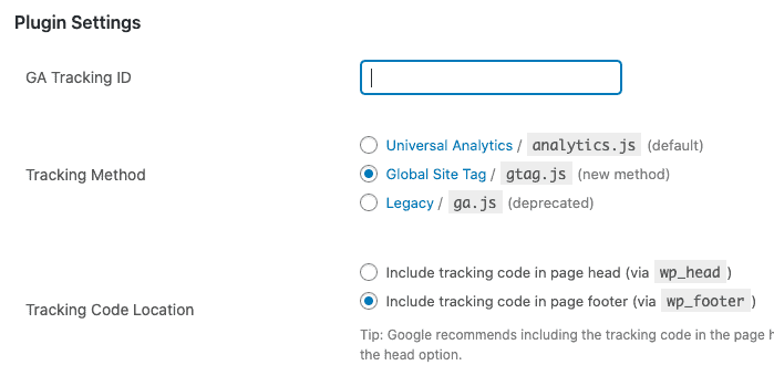 GA Google Analytics Plugin setting