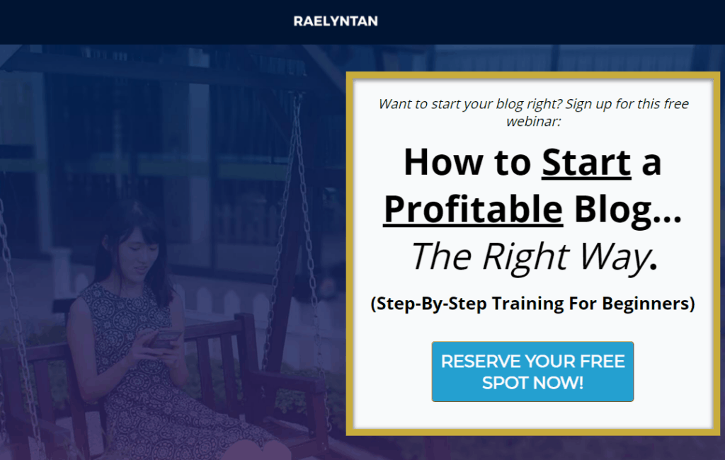 Start your profitable blog - Webinar landing page
