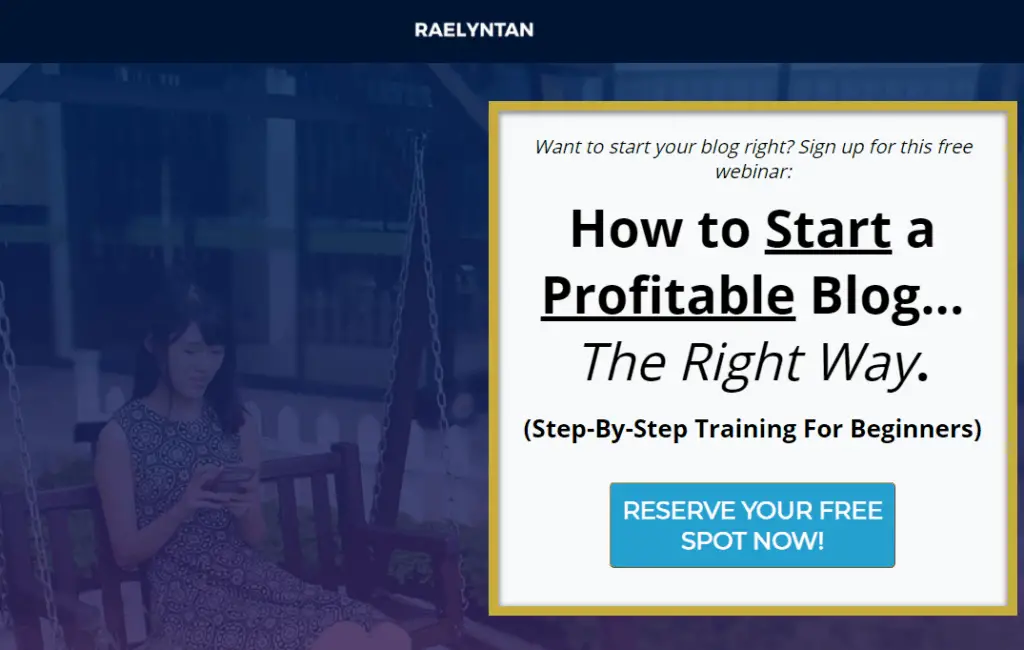 Start your profitable blog - Webinar landing page