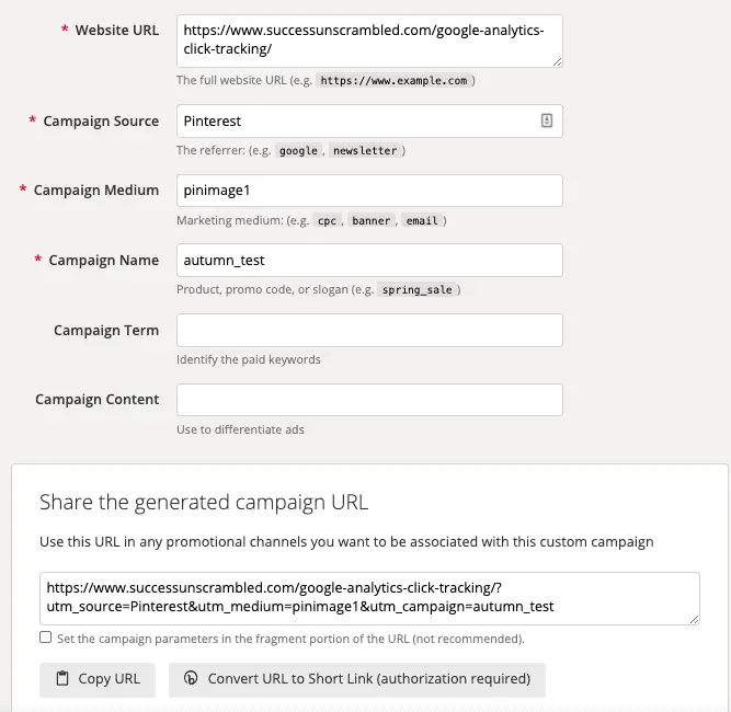 UTM created - Google Analytics Click Tracking