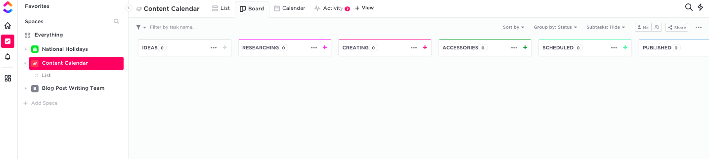 Board view of content calendar