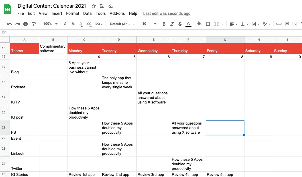 Mapping themes to the week