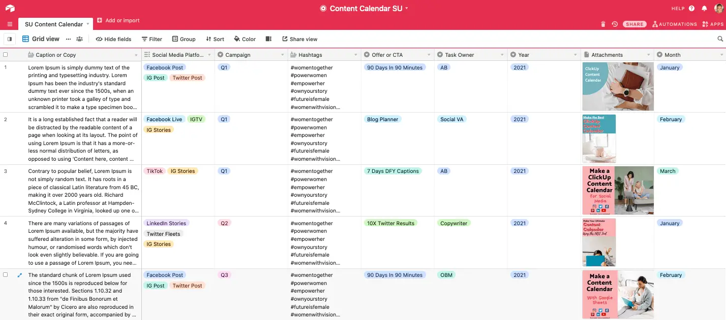 Airtable content calendar example