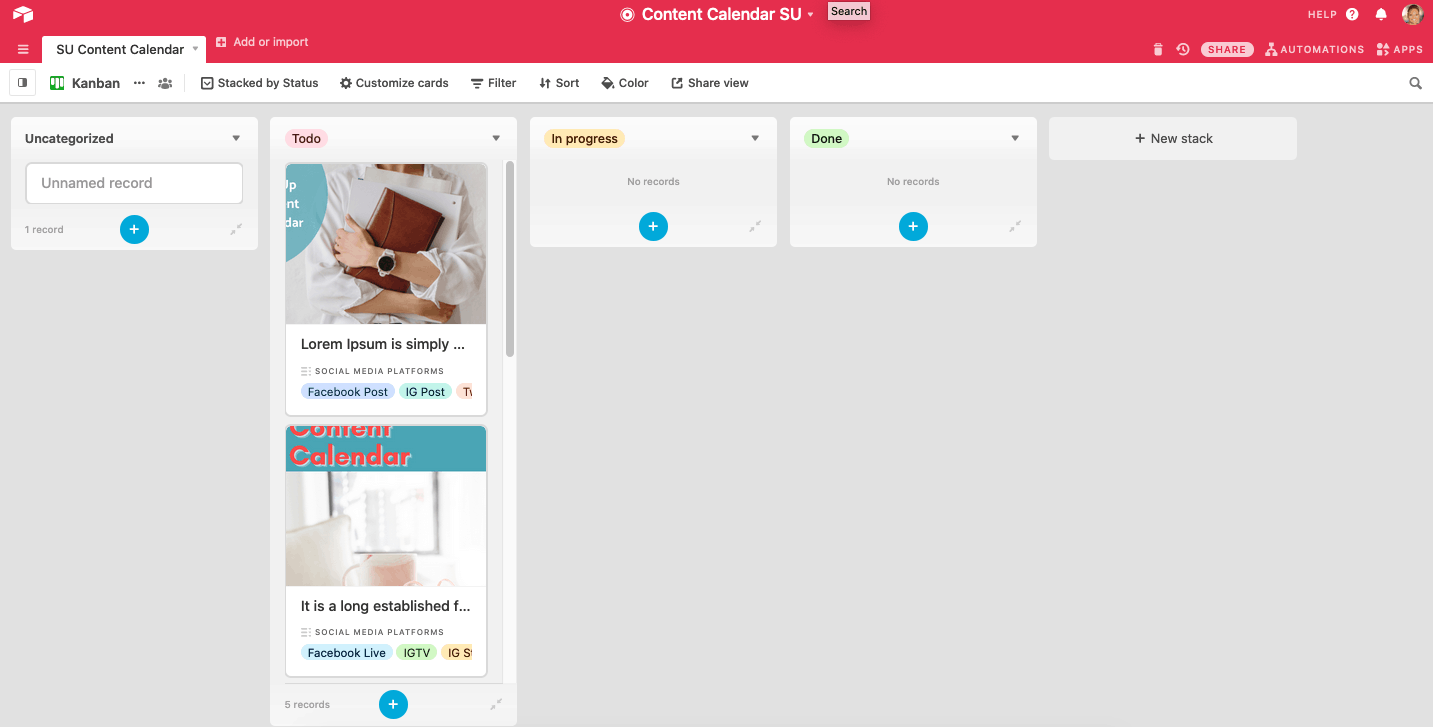 Airtable social media calendar - kanban view