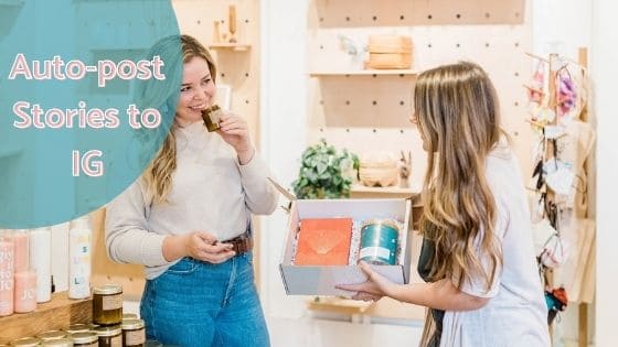 woman handing over an open box with gift items to another woman