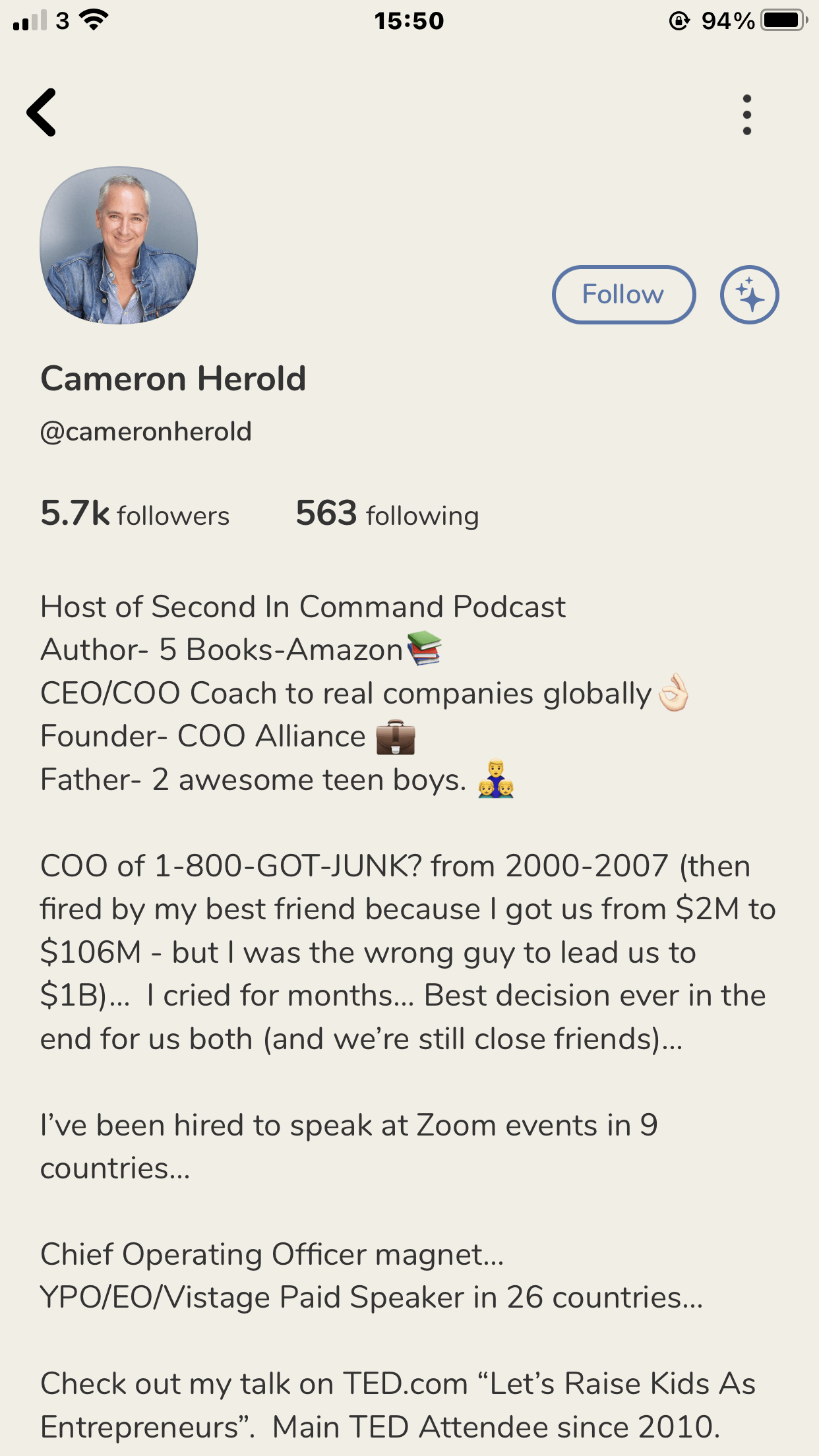 Cameron Herold profile on Clubhouse