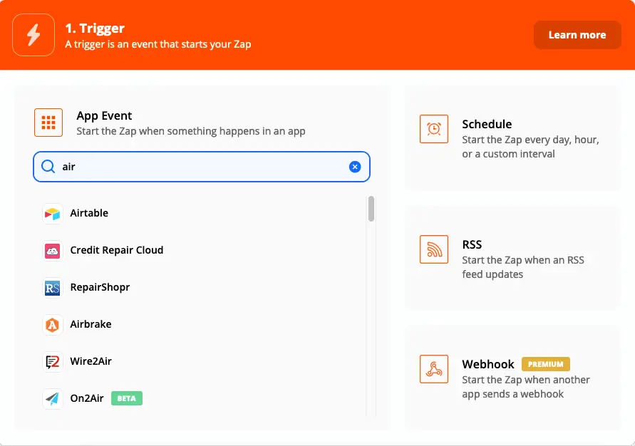 Choose Airtable in Zapier