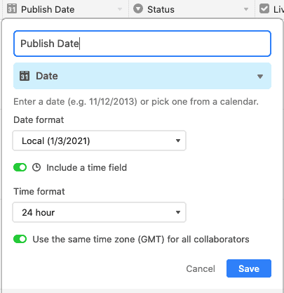 Publish date with time switched on - Airtable