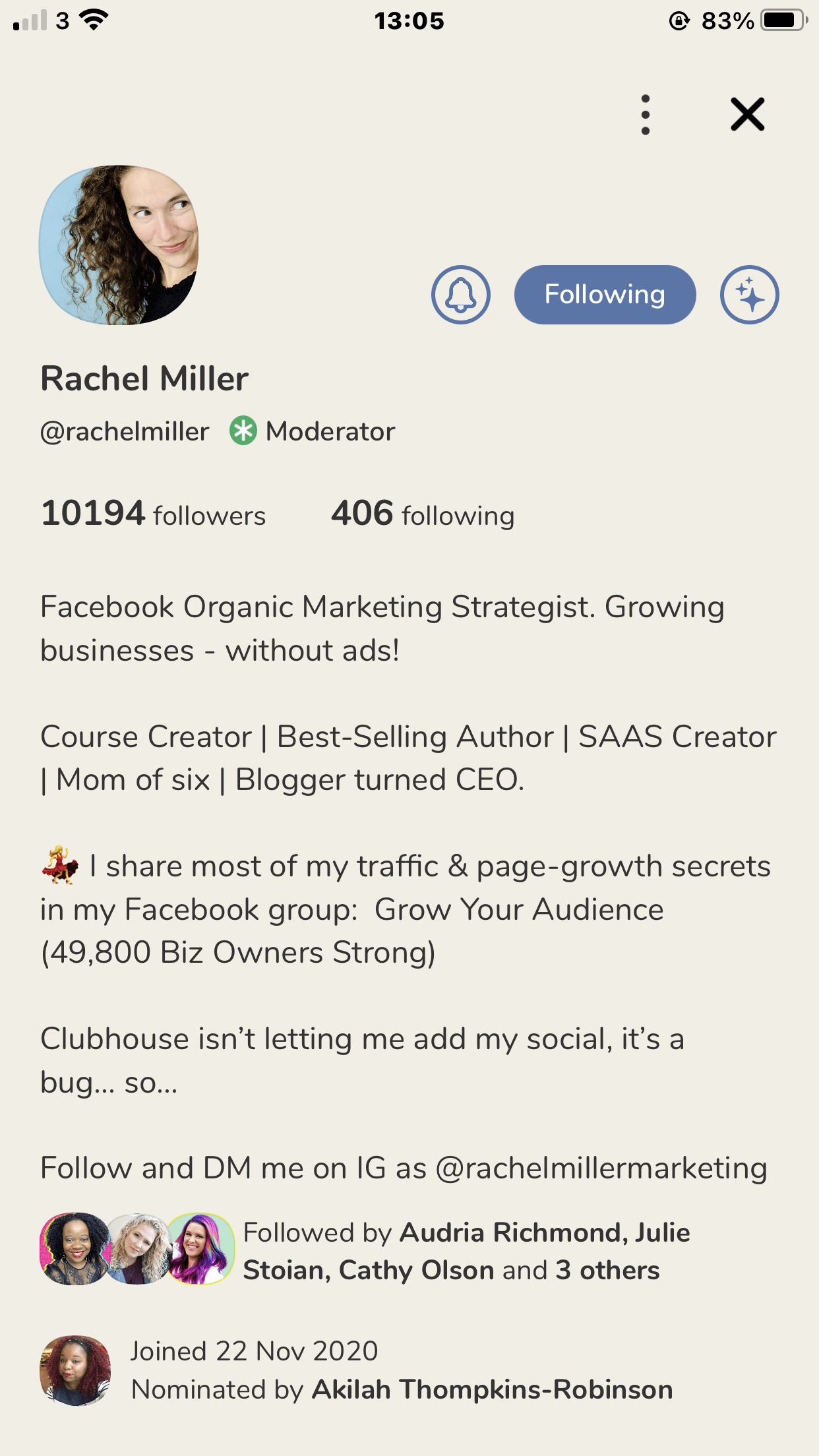 Rachel Miller's clubhouse profile