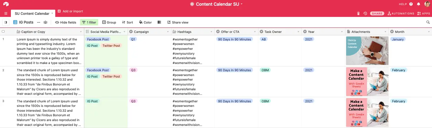 Social media content calendar - Facebook filter Airtable