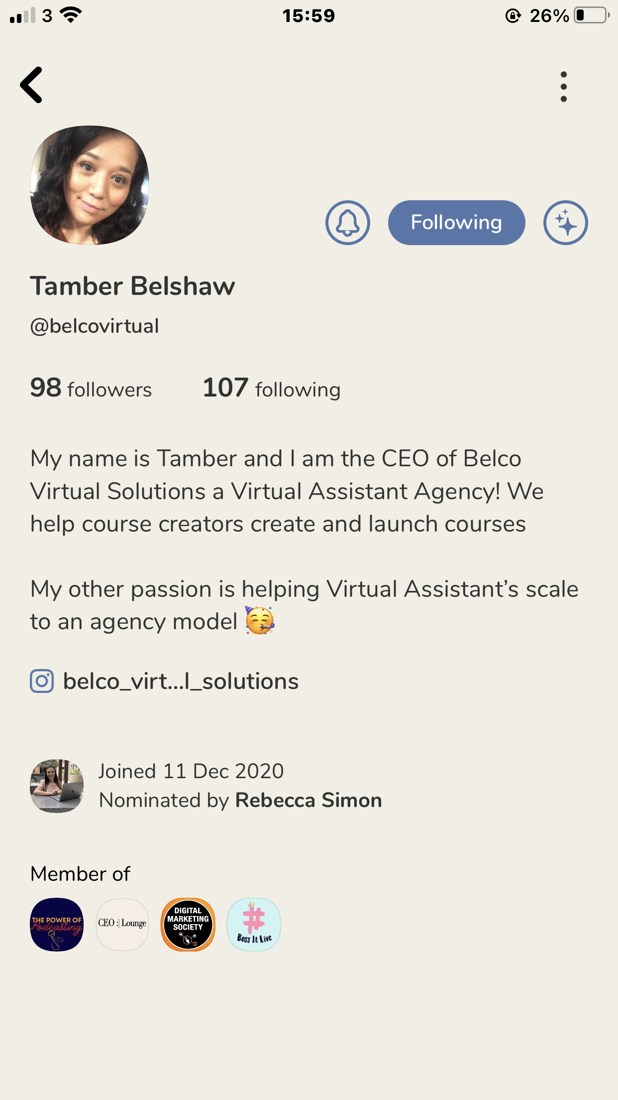 Tamber Belshaw's clubhouse profile