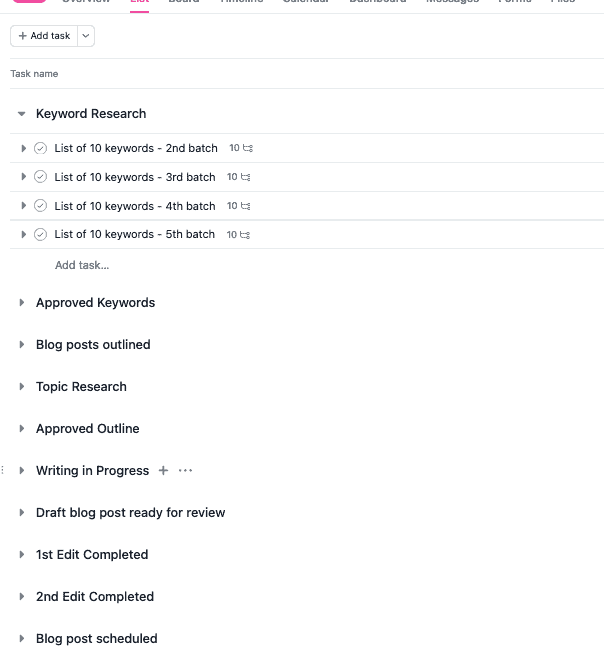 List view in Asana