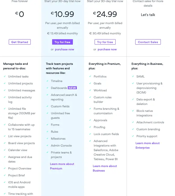 Asana pricing model