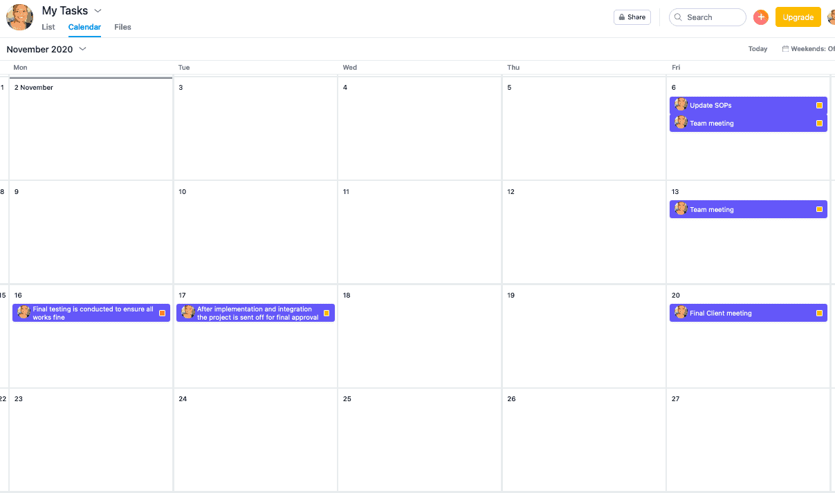 Asana - task management - calendar