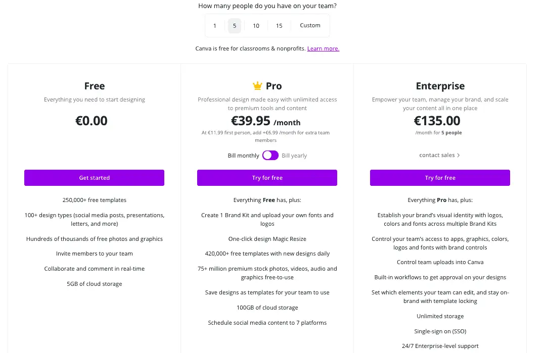 a screenshot of Canva pro pricing for team members