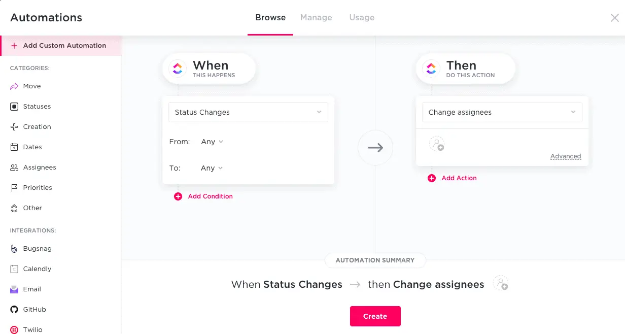 ClickUp automations view