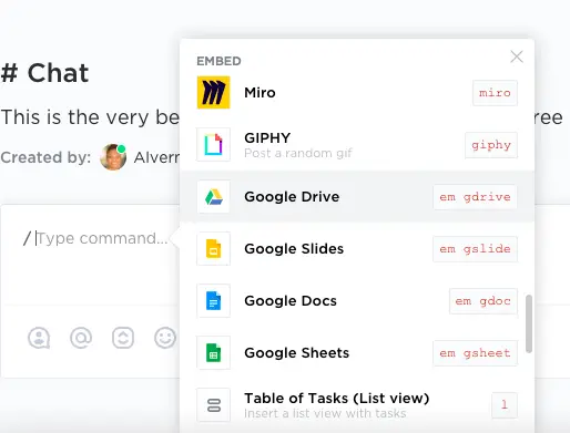 the chat view embeds on ClickUp
