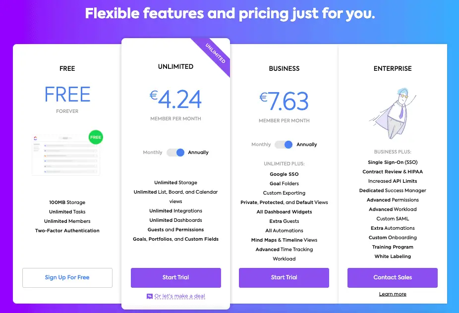 Pricing models on ClickUp