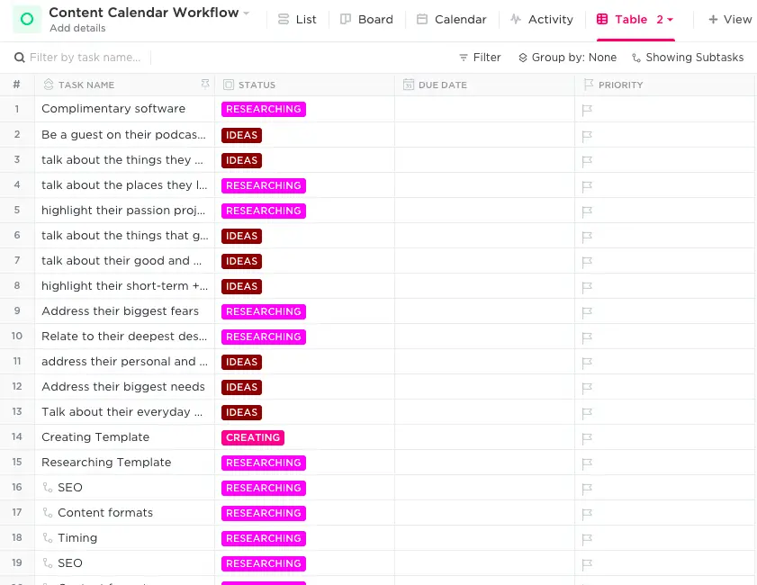 ClickUp table view