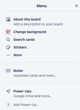 Trello Menu - showing Power-up on the list