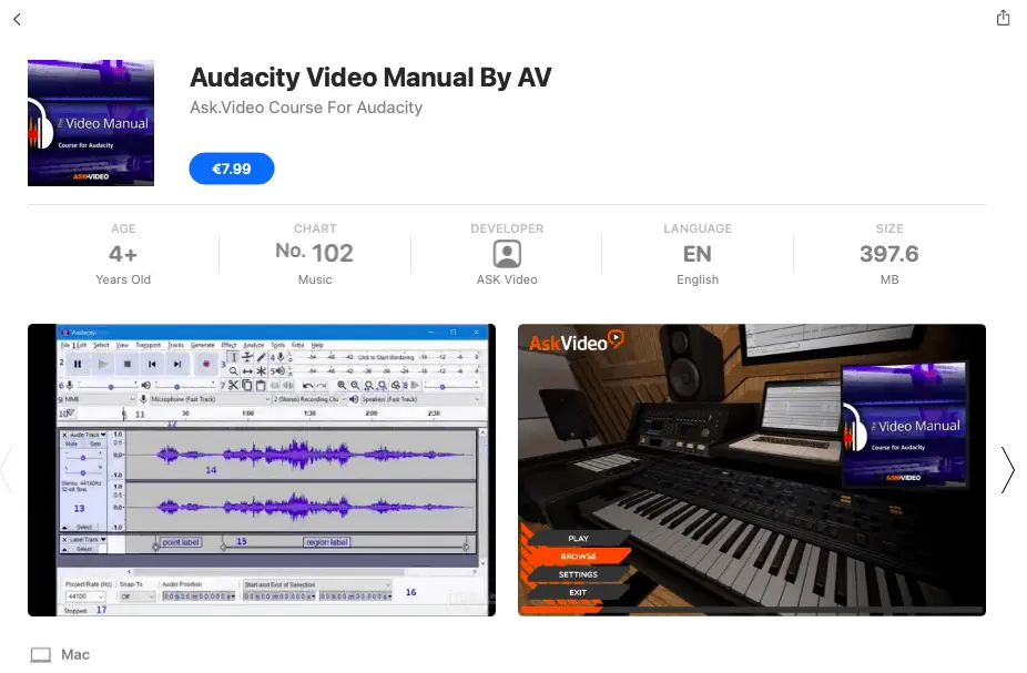 screenshot of Audacity video course - app store