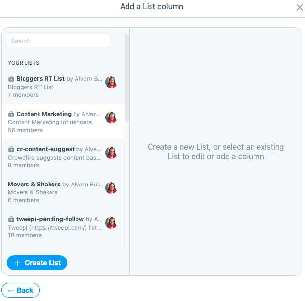 Create a column for a list - TweetDeck